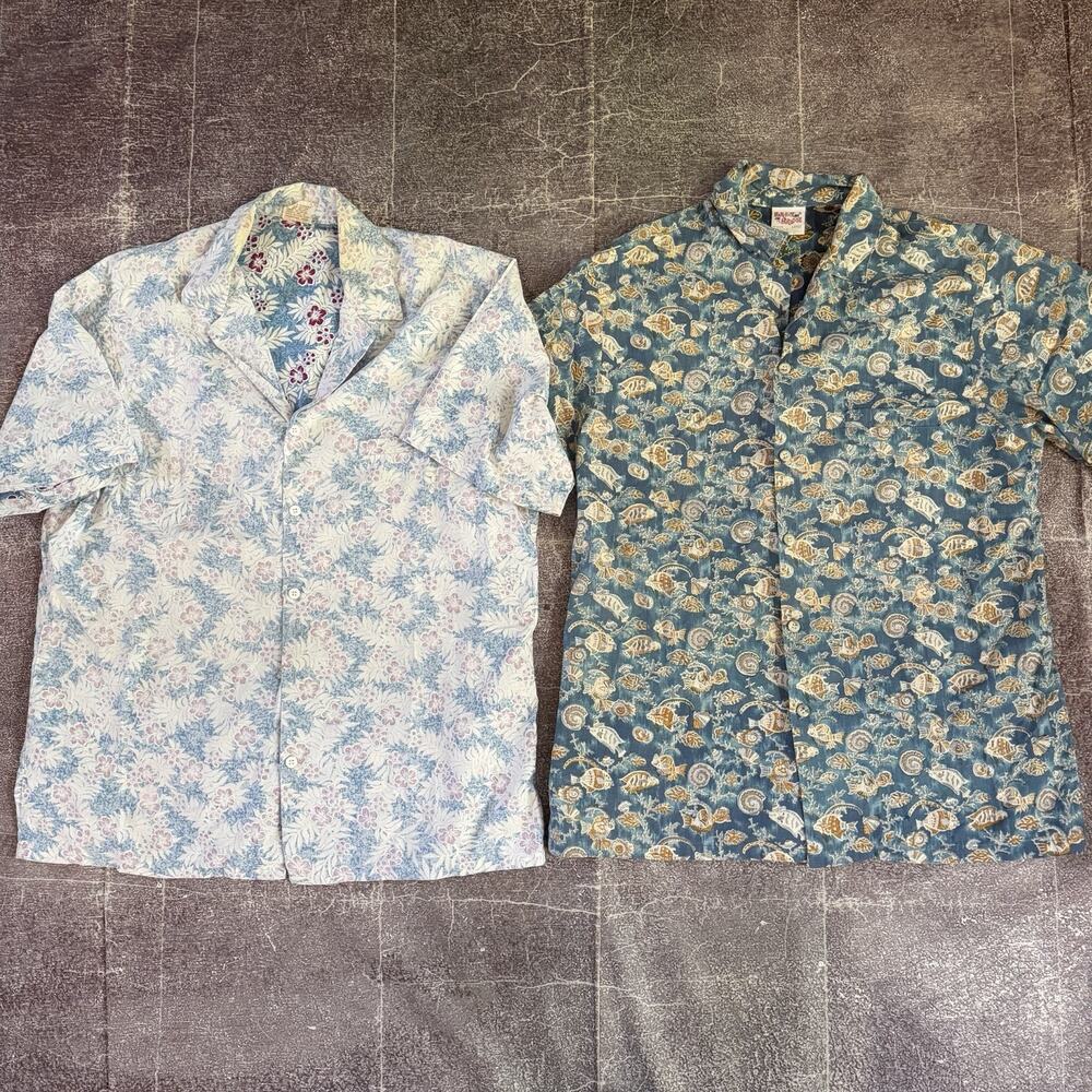 Men's Vintage 90's Barefoot In Paradise USA Blue Hawaiian Shirt Lot of 2 Sz L